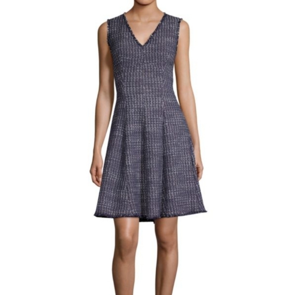 Rebecca Taylor Frayed Trimmed Tweed Fit & Flare Midi Dress Size 10 Preppy Office